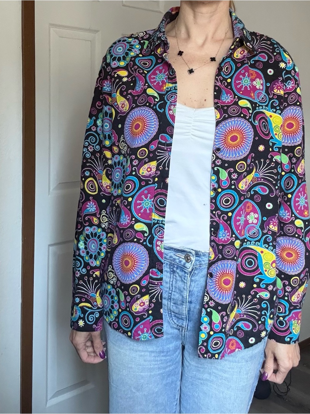 Black Multi-Color Patterned Button-Front Shirt Jacket - Picture 2 of 11